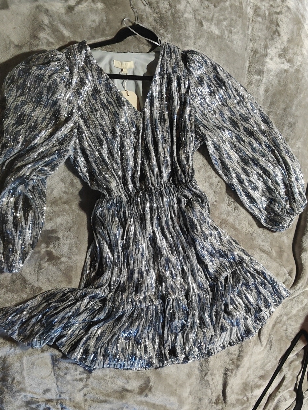 Silver and Blue Metallic V-Neck Mini Dress with Puff Sleeves